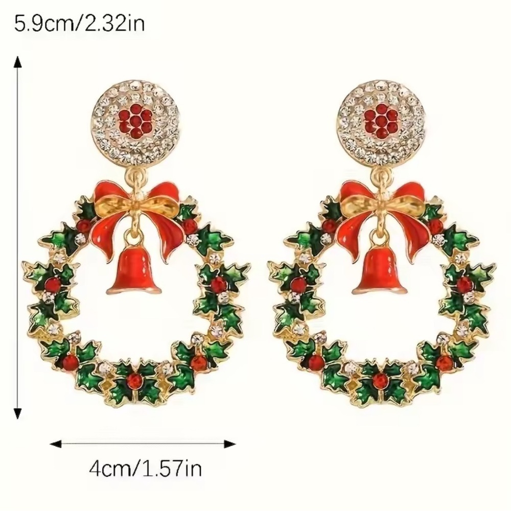 Christmas Wreath Earrings with Red Bell & Bow Holiday Statement Jewelry - Picture 3 of 7